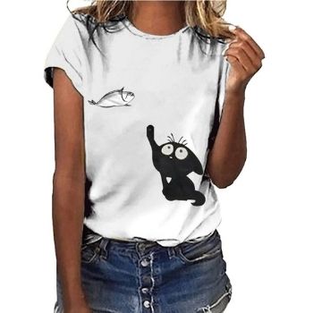 Camisetas de Verano para Mujer, 2019, Camiseta de algodón con estampado de gatos y peces para Mujer, camiseta con gráfico de algodón Harajuku, camisa femeninaCamisetas para Mujer DEPITBULLS