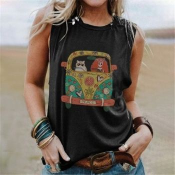 Novedad de 2020, camisetas Vintage con estampado de dibujos animados sin mangas para mujer, camisetas holgadas bonitas de cuello redondo, tapas de mujer, camisetas informales de verano, ropaCamisetas para Mujer DEPITBULLS