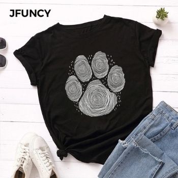 JFUNCY 2020, camiseta de verano para mujer, camisetas de talla grande para mujer, camiseta de manga corta de algodón con estampado de huella dactilar de perro, camisetas casuales para mujerCamisetas para Mujer DEPITBULLS