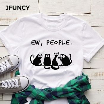 Camiseta JFUNCY Ew con estampado de gatos bonitos para mujer, camiseta Hipster con gráfico de Harajuku de talla grande, camisa holgada de algodón de 100% para mujerCamisetas para Mujer DEPITBULLS