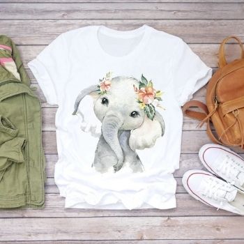 Mujeres 2020 Verano de manga corta Floral elefante flor Linda camiseta de mujer Top camiseta señoras mujeres gráfico camiseta femeninaCamisetas para Mujer DEPITBULLS