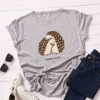 Camiseta a la moda de talla grande para mujer 2019, Camiseta de algodón con estampado de Hedgehog Hug, camiseta de mujer con cuello redondo de manga corta, camisetas femeninas harajukuCamisetas para Mujer DEPITBULLS