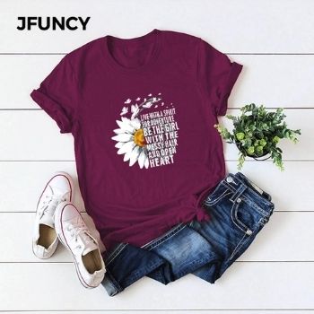 JFUNCY 2020 nuevas camisetas de algodón de verano para Mujer, creativas camisetas con estampado de letras inspiradoras de crisantemo, camisetas de talla grande para MujerCamisetas para Mujer DEPITBULLS