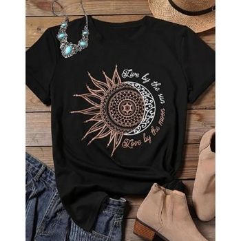 2020 de las mujeres de moda casual camiseta carta sol estampado de Luna suelto de manga corta cuello elástico estirado, camiseta de verano topsCamisetas para Mujer DEPITBULLS